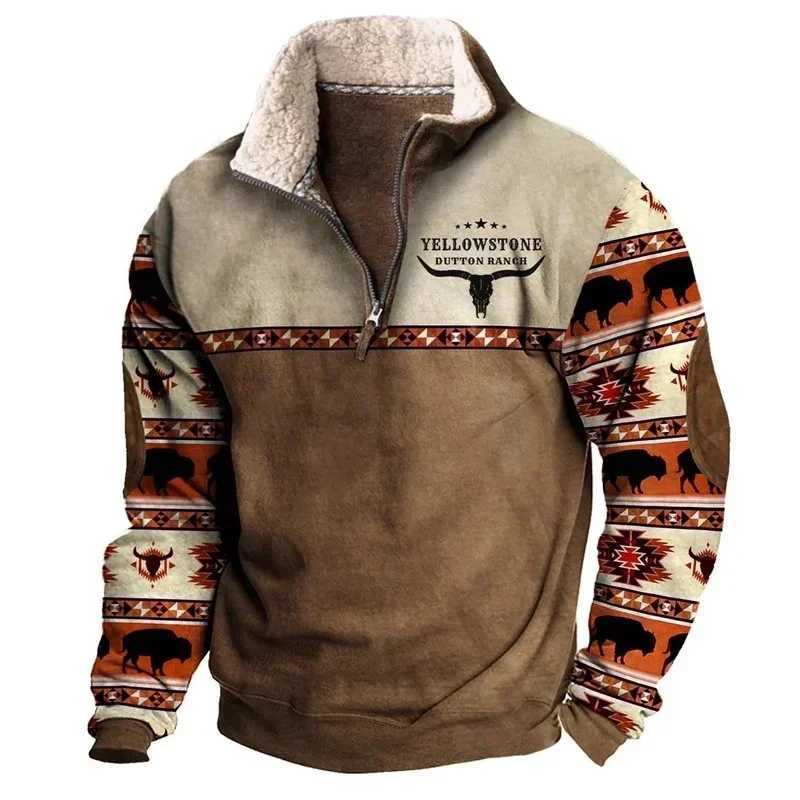 Mens Bullhead Print Half-zip Sweatshirt Autumn and Winter Warmth Hoodie Casual Trendy Long Sleeve Pullover As Gift W250114