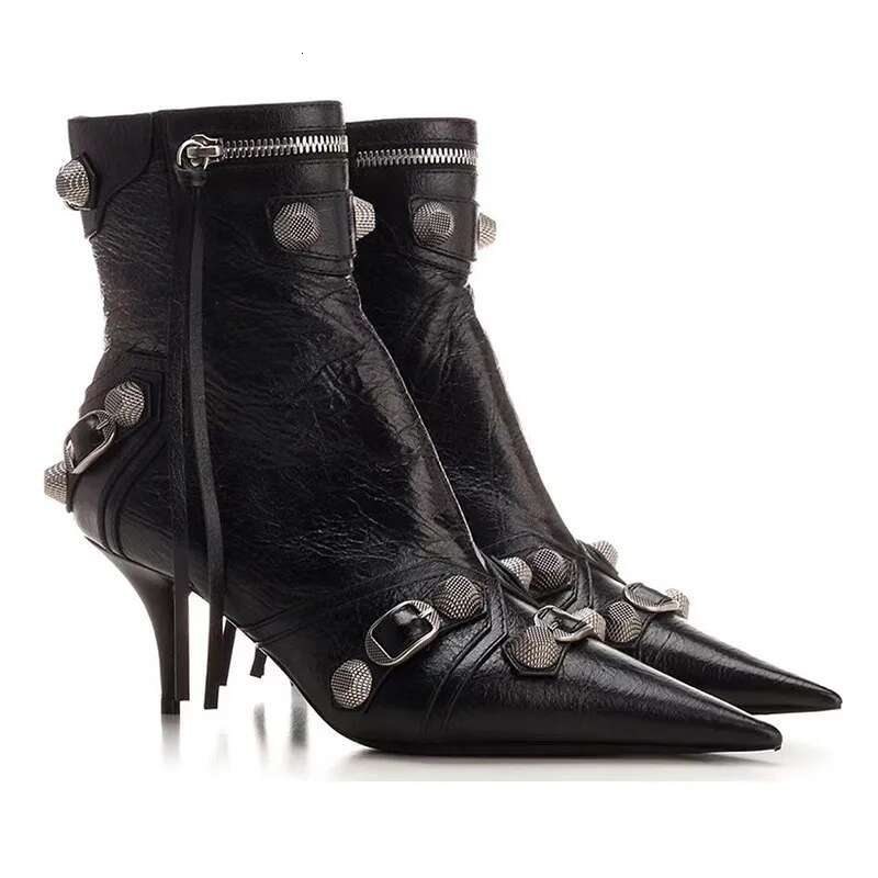 Sexy Gold Sliver Ankle New Metal Buckle Rivet High Thin Heels Pointed Toe Tassels Zipper Short Boots For Women