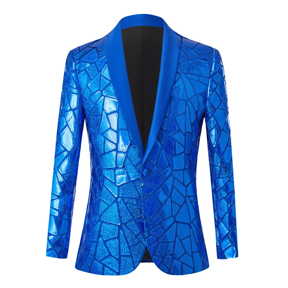 Shiny Blue Sequins Bling Glitter Blazer Men Shawl Collar One Button Tuxedo Suits Mens Wedding Party Stage Costumes 241228