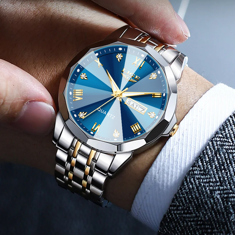 LIGE Men's Quartz Watch Classic Business Watch Double Calendar Three Pin Watch Stainless Steel strap Teen Watch Student Watch Quarzuhr