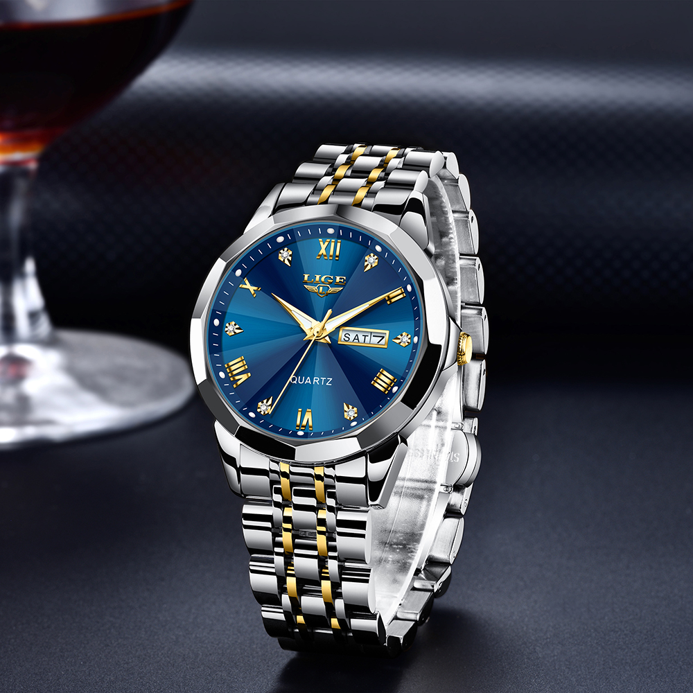 LIGE Men's Quartz Watch Classic Business Watch Double Calendar Three Pin Watch Stainless Steel strap Teen Watch Student Watch