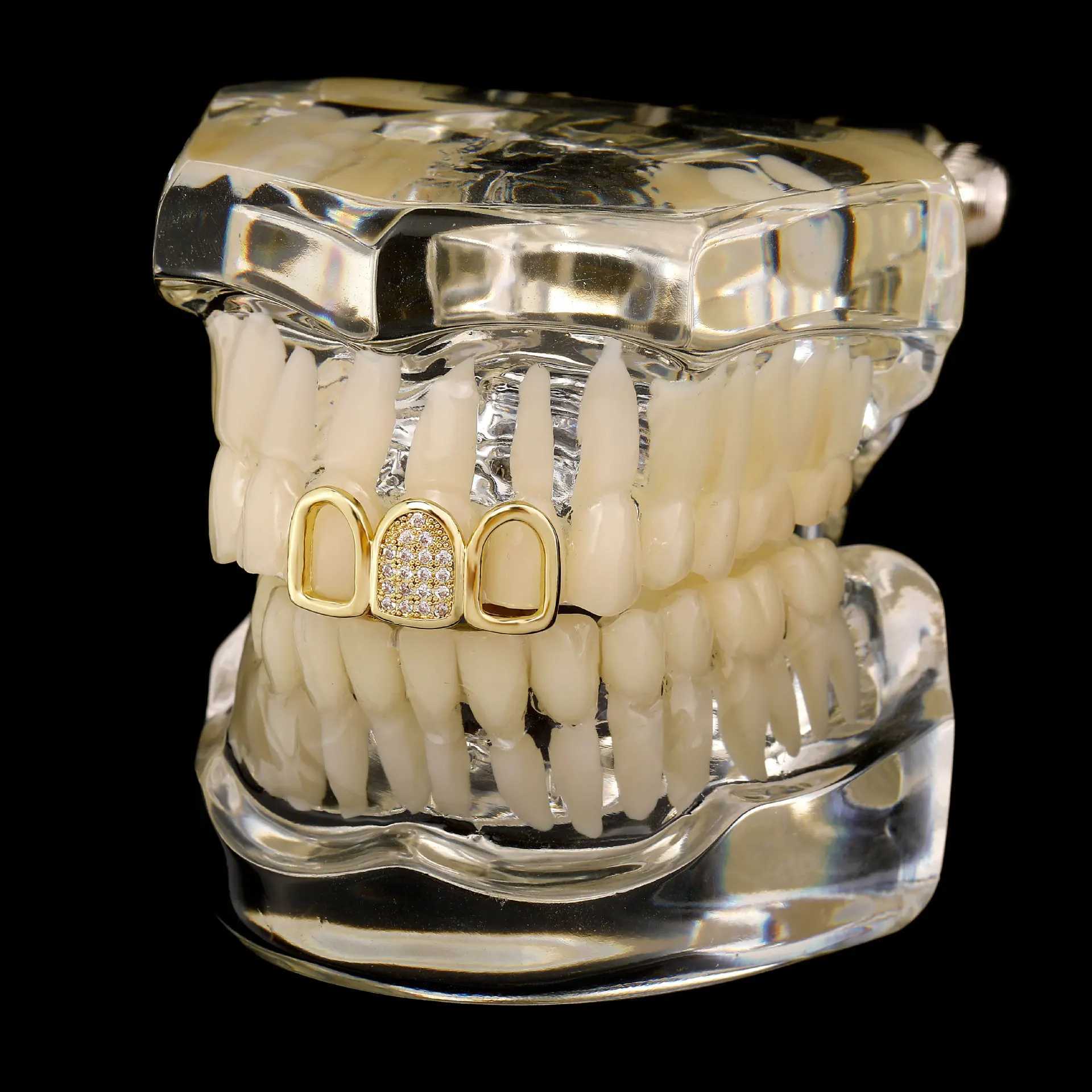 RACHELZ Trend Mixed 3 Hollow CZ Stone Tooth Grillz Top Hip Hop Cubic Zircon Teeth Caps For Women Men Body JewelryXJ250114