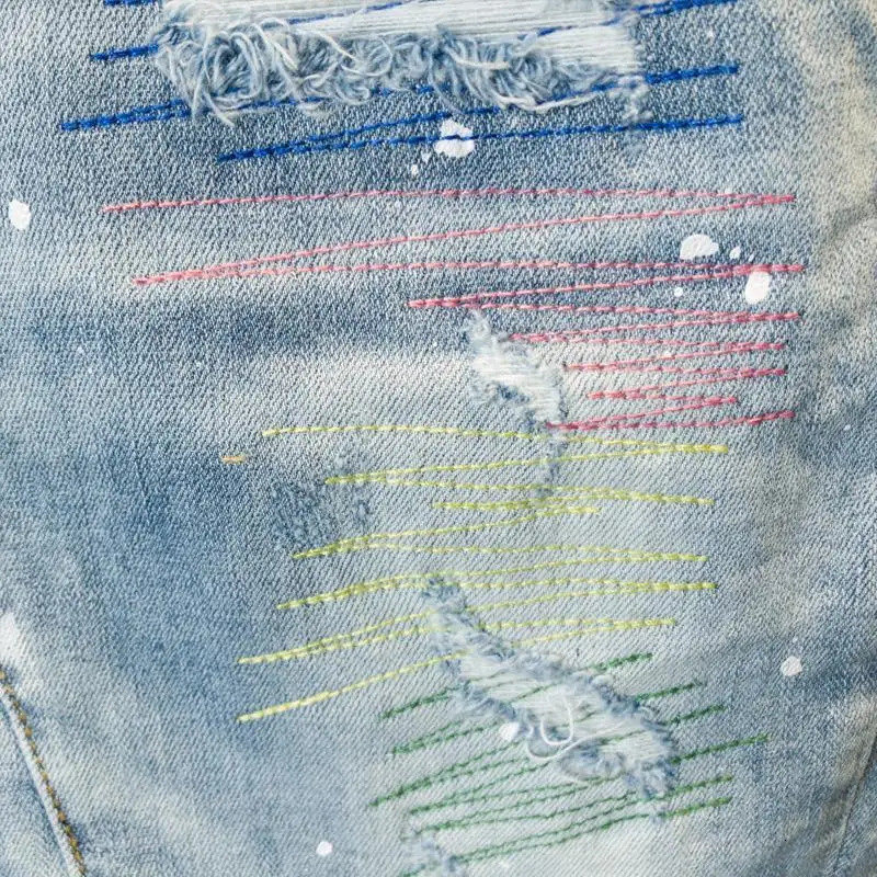 Summer Mens Casual Denim Knee Length Shorts with Distressed Route Patched Stitching Streetwear Washed Short Jeans 250109Z