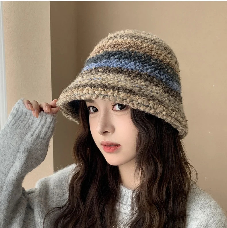Colourful Knitted Hat Women Korea Autumn Winter Warm Dopamine Warm Fishermans Hat Star Model Thickened Bucket Hat 250115bj