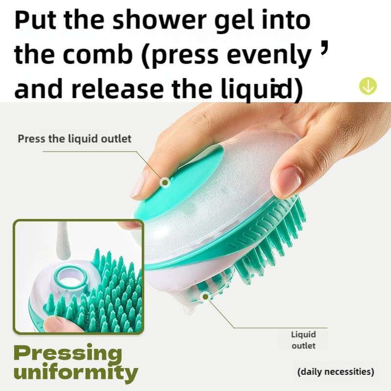 .Pet bath brush, a two - in - one combination of a bath brush and a massage comb, with an innovative design for storing bath liquid, making bathing ex