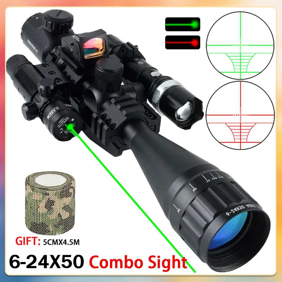 Tactical 6-24x50 AOEG Optical Sight Long Range Rifle Scope with Red Green Dot Laser Combo Riflescope Hunting Airsoft ScopesW241014