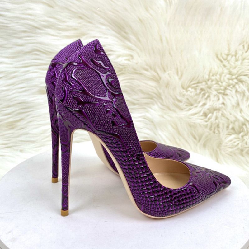 Purple Snake Skin Patterned Socialite High 12Cm Pointed Thin Heels Shallow Mouth Single Soft Leather Women's Shoes