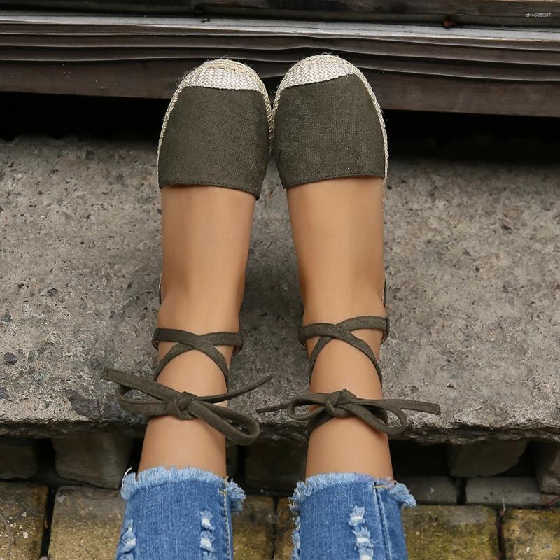 Sandals 2025 Summer Fashion Women Round Toe Solid Casual Shoes Flat Ankle Lace Up Rattan Straw Sole Roman Mujer zhanyishengli