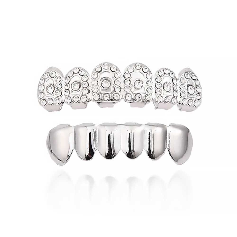 Hip Hop Iced Out CZ Stones Teeth Grillz Hat Cube Zircon Micro Lay Top and Bottom Charm Grill SetXJ250412