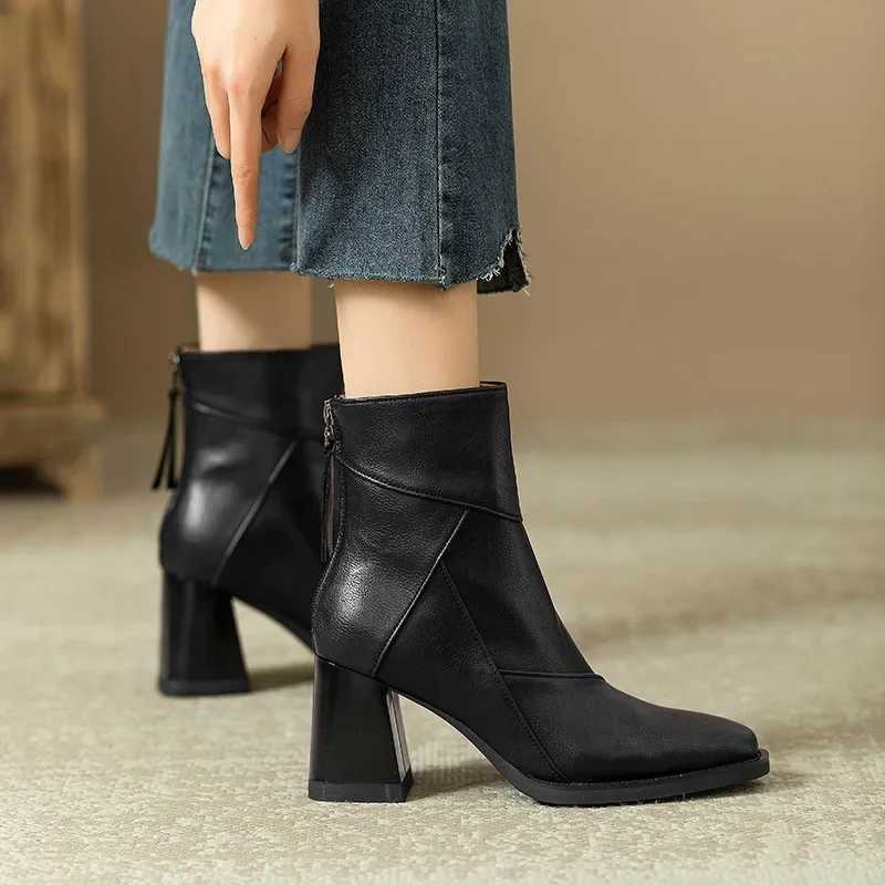 Woman Chunky Ankle Boots Women Zipper Brown Soft Leather Short Boot Autumn New Square Toe Casual High Heel Booties MujerXJ250115