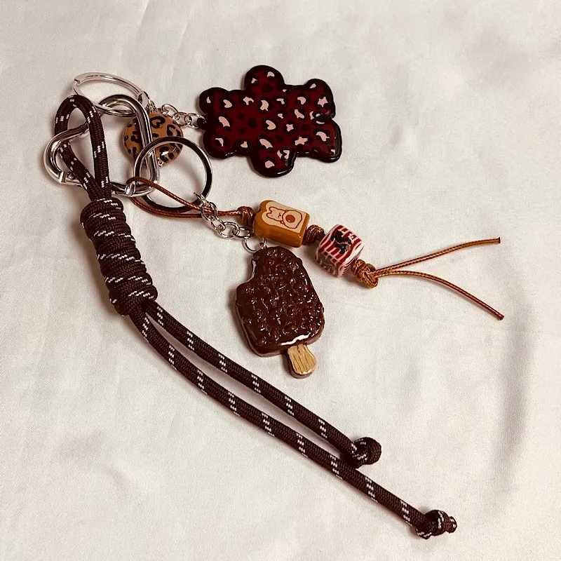 Keychains Lanyards Original Ice Cream Bear Keychain DIY backpack pendant Handmade woven rope multi-element ornament H250115
