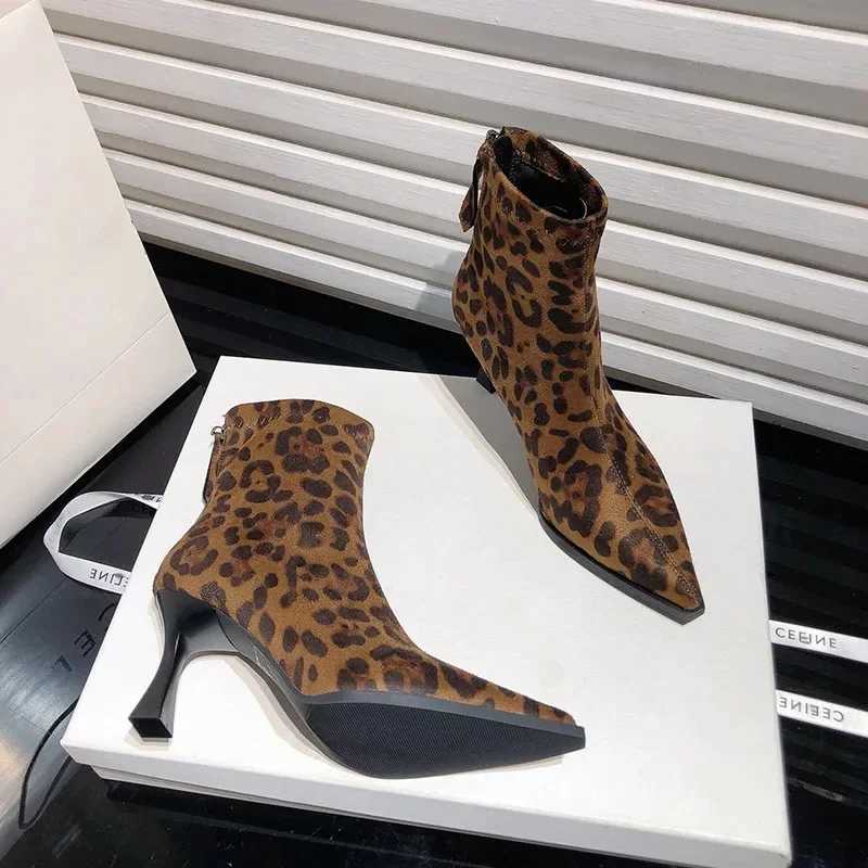 Sexy Pointed Toe Womens Boots Fi Leopard Thin High Heels Ankle Boots Women Flock Party Shoes Back Zip Modern Short BotasXJ250115