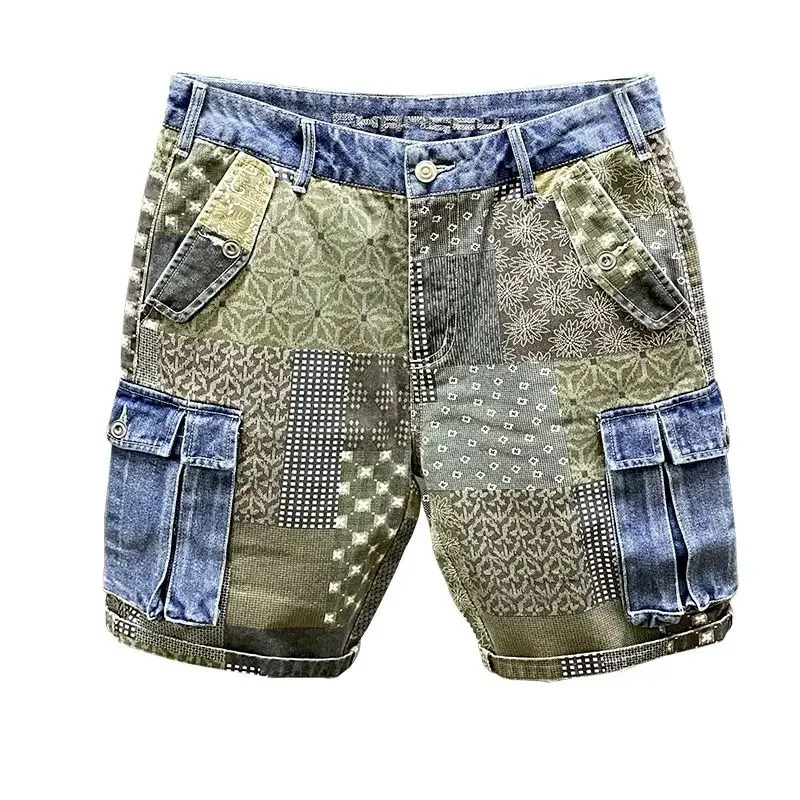 High Quality Kpop Mens Hiphop Irregular Printed Summer Slim Casual Pants Patchwork Printing Jeans Shorts 250109Z