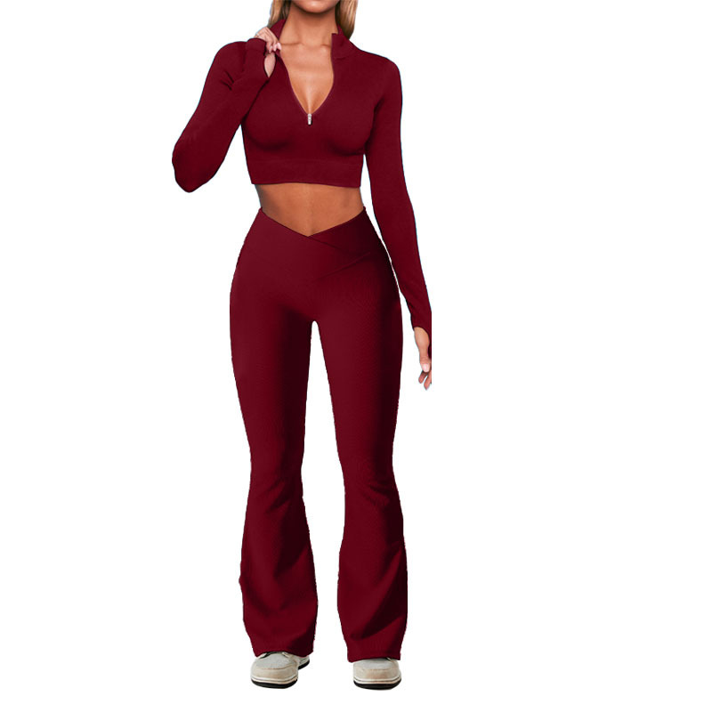 Fashionable women's sports designer set half zipper yoga suit slimming flared pants with velvet yoga micro horn high waist and hip lifting pants 
