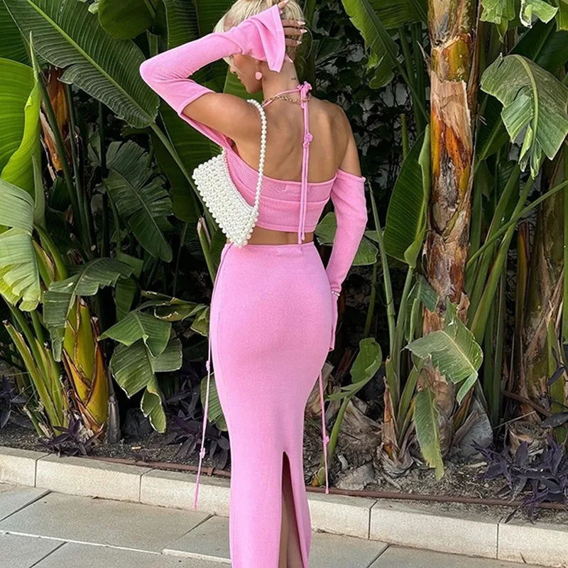 Talenza Knitted Hollow Skirt Two-piece Set Womens Summer Backless Halter Tie Bikini Top Slim Skirt Female Party Vacation Dress 250113