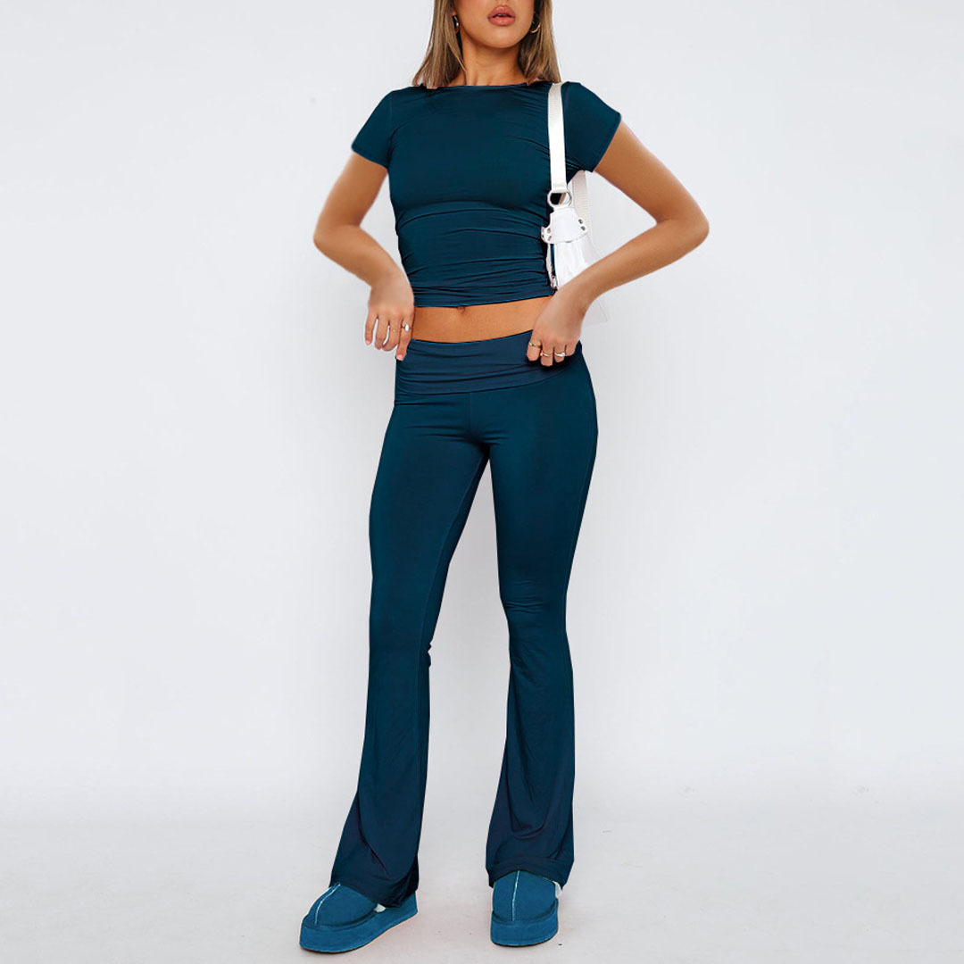 European and American women's fitness new clean color sports and leisure long sleeved fashionable versatile pants two-piece set yoga suit