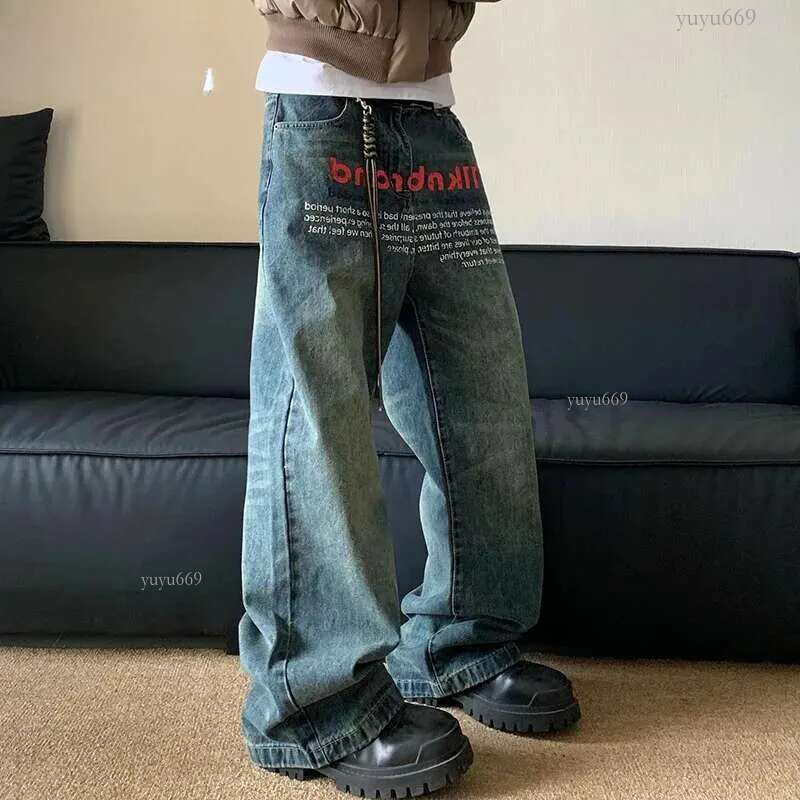 American Washed Niche Printed Men's Jeans Trendy Loose Designer Straight Leg Pants 2024 Letter Design Male Trousers