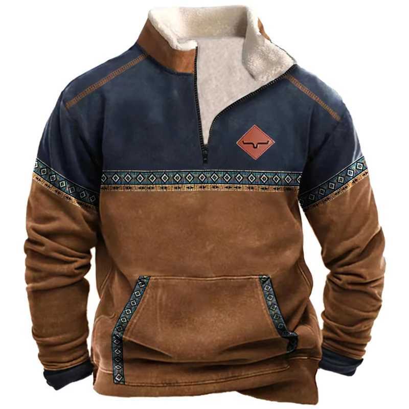 Mens Bullhead Print Half-zip Sweatshirt Autumn and Winter Warmth Hoodie Casual Trendy Long Sleeve Pullover As Gift W250114
