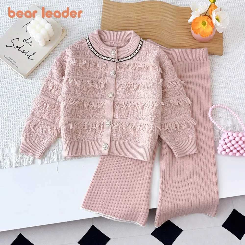 Clothing Sets Bear Leader Girls Clothes Solid Color Sweater Childrens Sets Tassel Single Breasted Cardigan Jacket+Pants Winter Two-piece Set Y241129W2