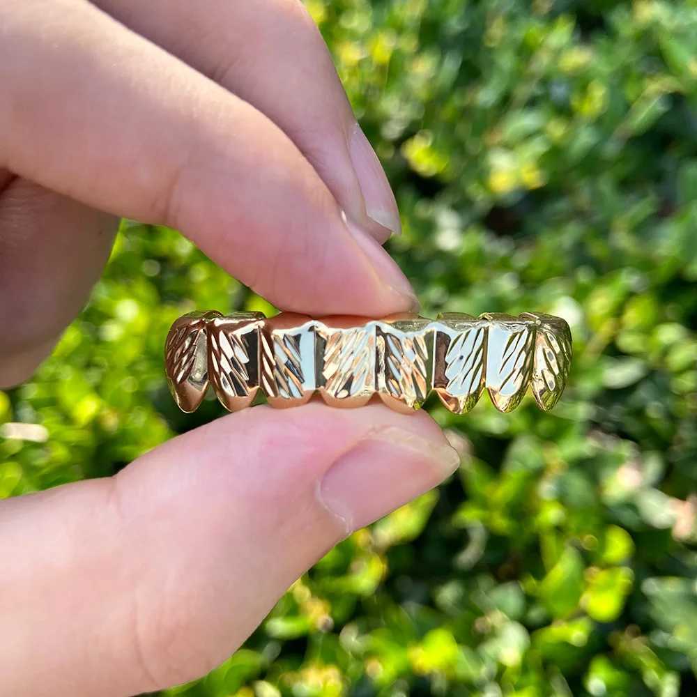RACHELZ Hip Hop 8/8 Pattern Tooth Caps Gold Plated Teeth Grillz Braces Punk Dental Grills For Men Women Body JewelryXJ250114