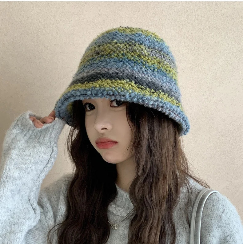 Colourful Knitted Hat Women Korea Autumn Winter Warm Dopamine Warm Fishermans Hat Star Model Thickened Bucket Hat 250115bj