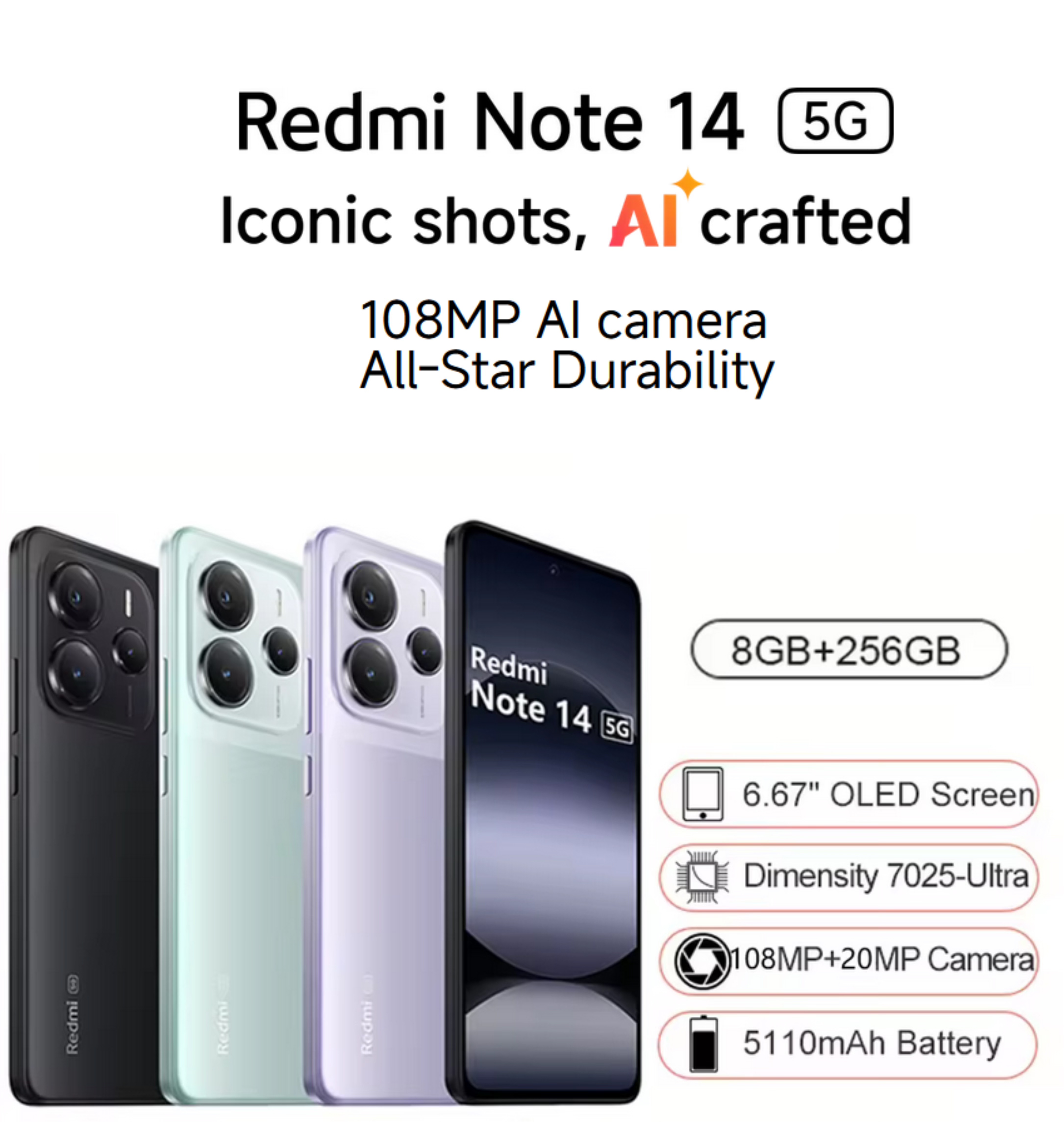 Global Version Xiaomi Redmi Note 14 5G, 8GB+256GB,6.67" AMOLED display,108MP AI camera system with OIS, 45W turbo charging with 5110mAh battery, 