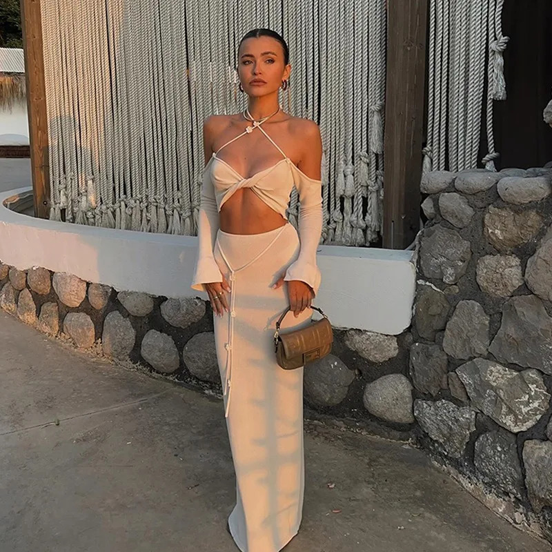 Talenza Knitted Hollow Skirt Two-piece Set Womens Summer Backless Halter Tie Bikini Top Slim Skirt Female Party Vacation Dress 250113