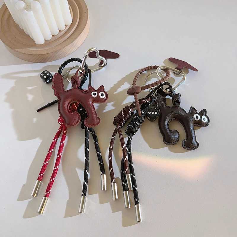 Keychains Lanyards Fluffy Kawaii Leather Bow-backed Cat Shape Keychain Fashion Vintage Nylon Rope Pendant Phone Shell Lanyard With Clip Bag Charms H25