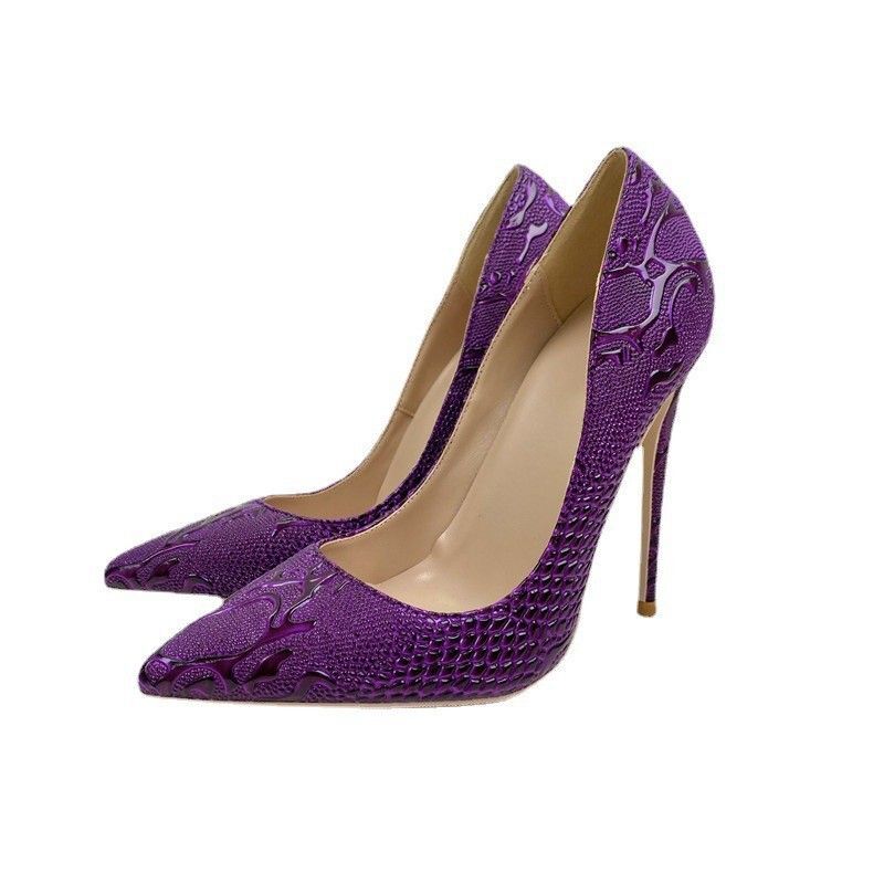 Purple Snake Skin Patterned Socialite High 12Cm Pointed Thin Heels Shallow Mouth Single Soft Leather Women's Shoes