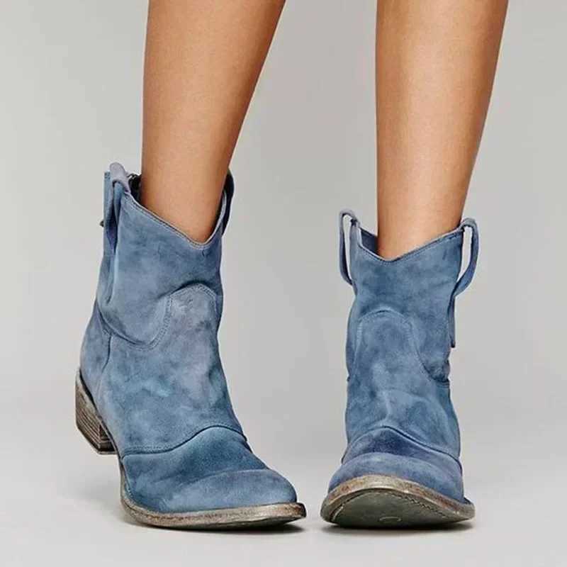 Vintage Cowboy Ankle Boots for Women Pointed Toe Low Heels Female Autumn Winter Slip PU Leather Booties 2024XJ250115