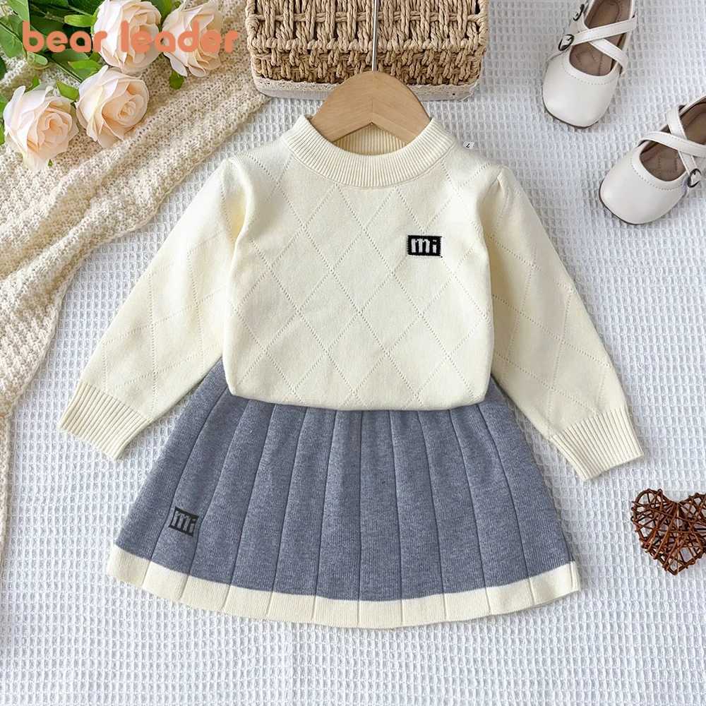 Bear Leader 37 YChildrens Clothing Winter Sweater Long Sleeved Letter Printed Round Neck Toppleated Aline Skirt 2piece Sets L2509263PZ7