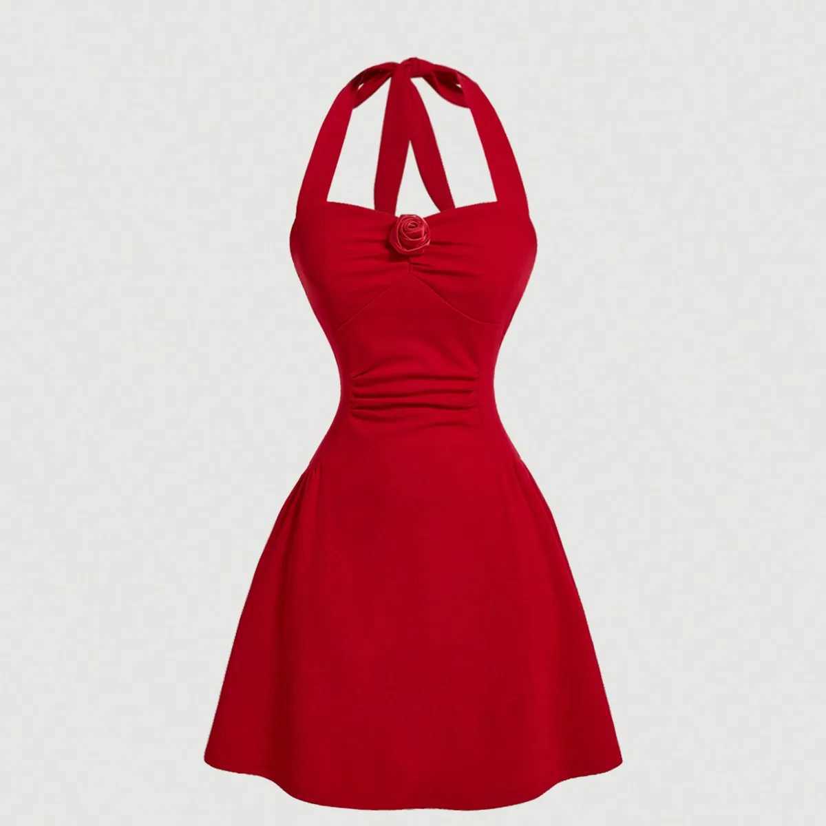 Red Bow Halter Dress Fe New Autumn Spice Girl Pleated Fashion Waist Show Thin Short Skirt TrendXJ250224