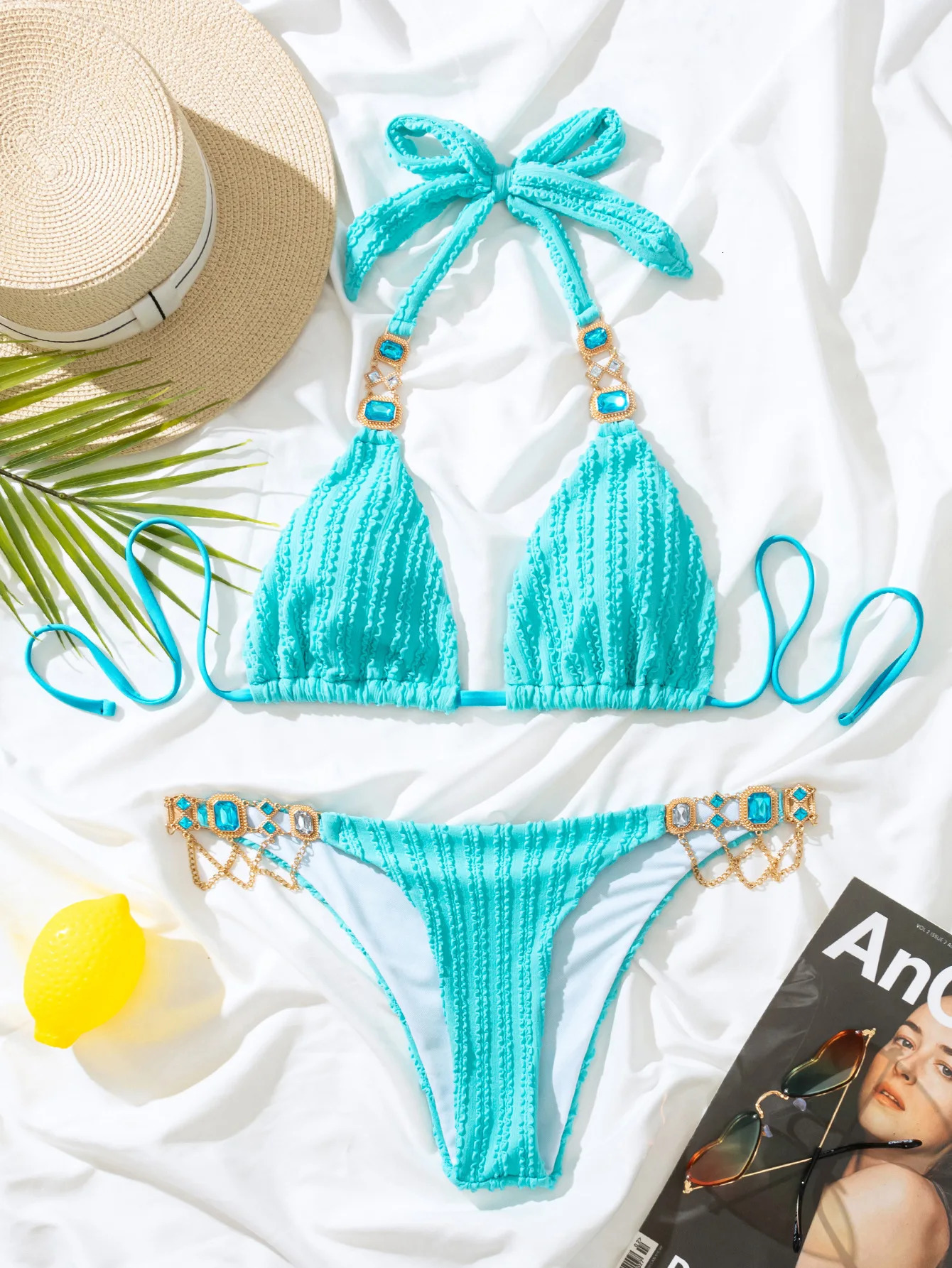 Rhinestone Diamond Womens Bikini Sky Blue 2-piece Swimsuit Summer Beach Boom Swimsuit 250109