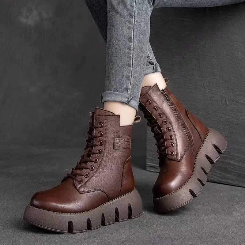 Short Plush 2024 Winter Female Ankle Boots Genuine Leather Cott Boots Thick-soled Padded Women Shoes Warm Snow Boots FemaleXJ250217