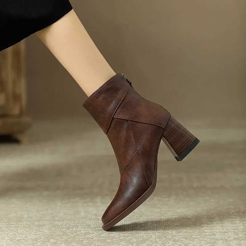 Woman Chunky Ankle Boots Women Zipper Brown Soft Leather Short Boot Autumn New Square Toe Casual High Heel Booties MujerXJ250115