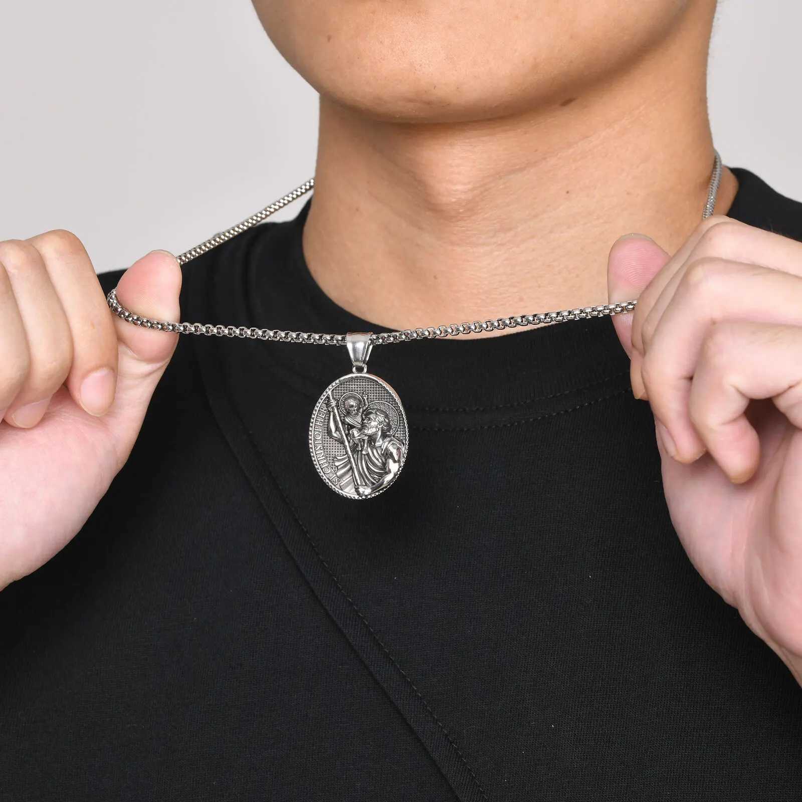 Saint Josephs Elliptical Necklaces for Men BoysST. Christopher Stainl Steel Pendant NecklacesRetro Vintage Jewelry GiftXJ250114