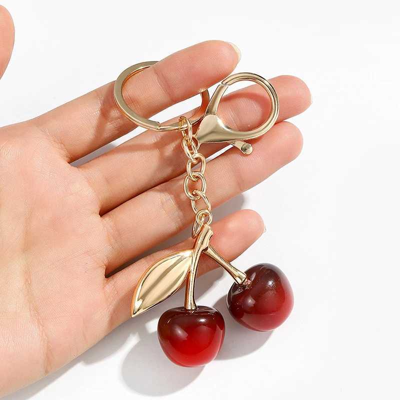 Keychains Lanyards New Cherry Fruit Keychain Pendant Crystal Charm For Bag Womens Handbag Shoulder Bags Attachment Parts H250115