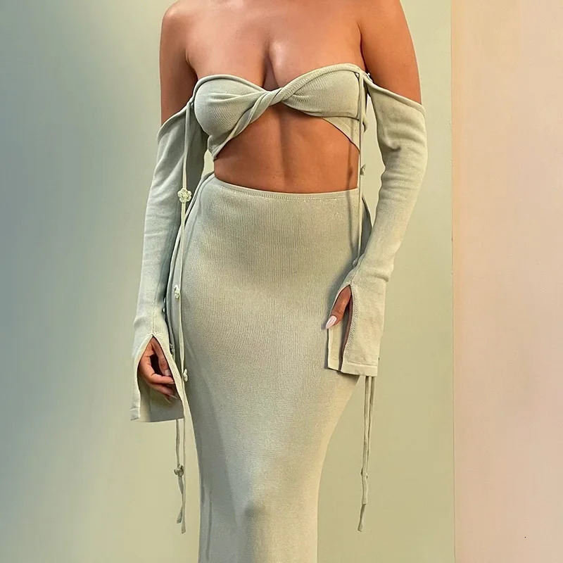 Talenza Knitted Hollow Skirt Two-piece Set Womens Summer Backless Halter Tie Bikini Top Slim Skirt Female Party Vacation Dress 250113