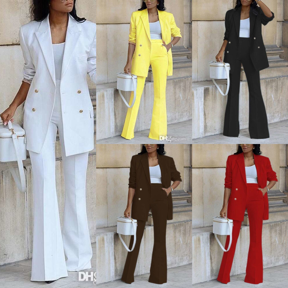 Fashion Two Piece Set Women Office Suit Straight Pants Pockets Double Breasted Long Sleeve Coat Loose Casual Solid Blazer And Flared Pants 2Pcs/Set Outfits