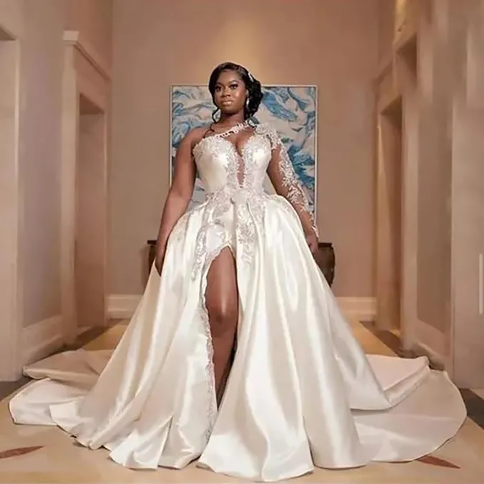 Luxurious Single Shoulder A-line Bridal Attire in Satin Fabric with Intricate Beadwork Ideal for Traditional Weddings
