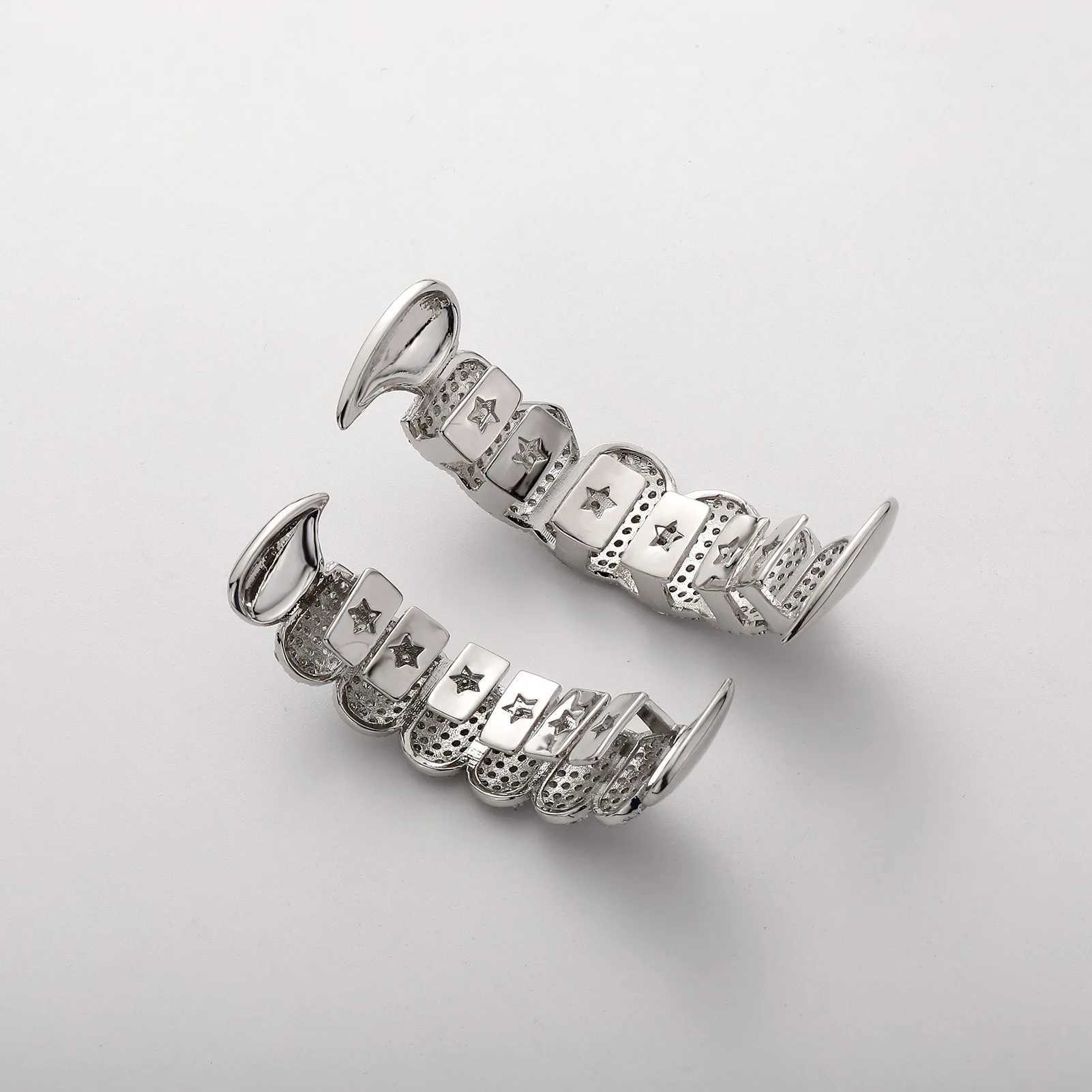 RACHELZ 2024 New Iced Out CZ Stone 8/8 Vampire Fangs Teeth Grillz Hip Hop Zircon Tooth Caps Dental Grill For Women Men JewelryXJ250114