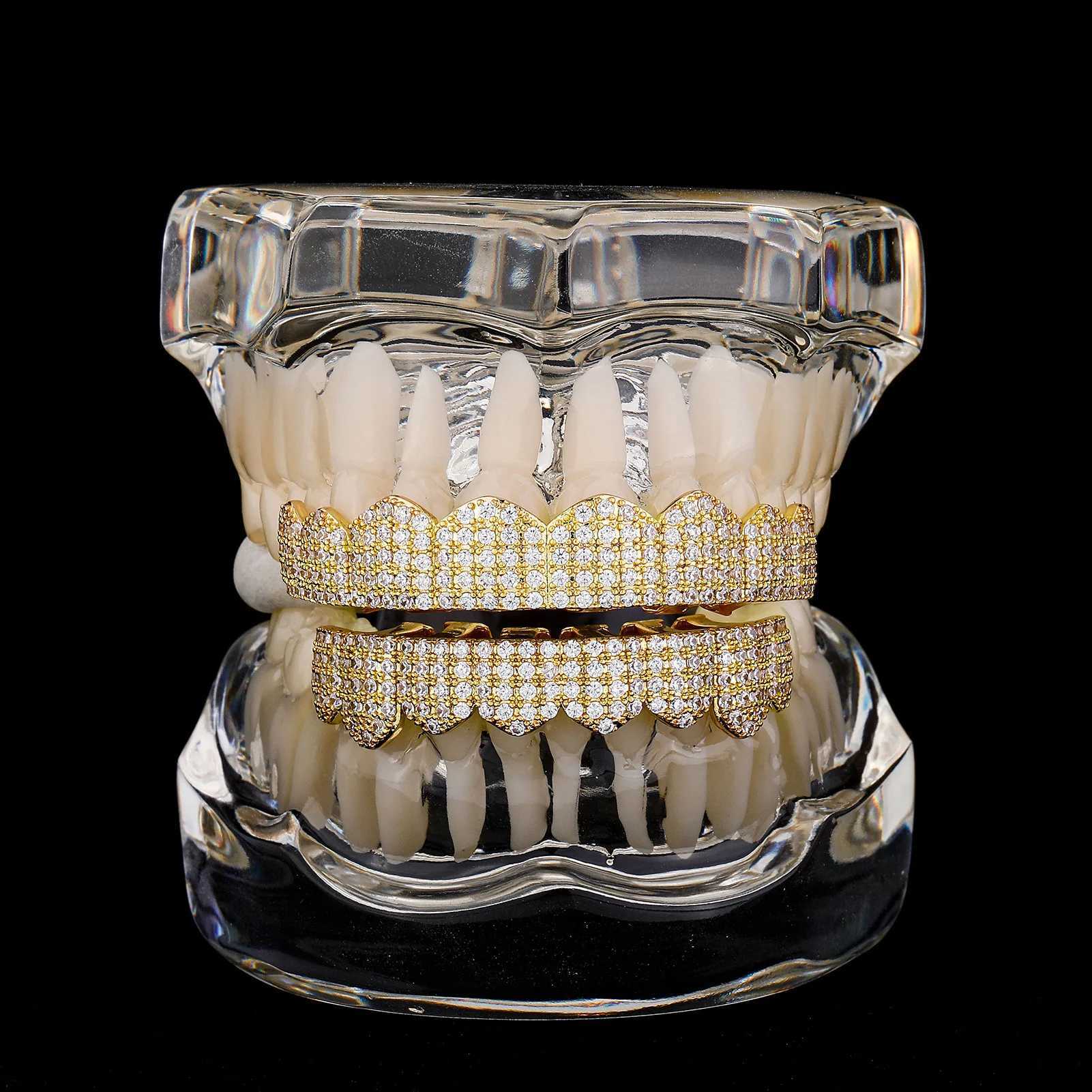 RACHELZ 8/8 Iced Out Zircon Teeth Grillz Fangs Gold Silver Color Shiny CZ Stone Tooth Caps For Women Men Jewelry HalloweenXJ250114