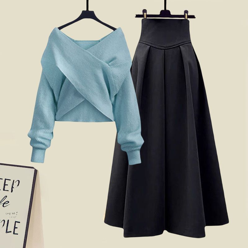 Two Piece Dress Plus Size Women's Winter Knitwear 2024 Style Age-Reducing Cross Top Sweater Slimming Skirt 2-Piece Set