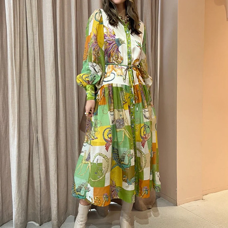 2025 Womens Lantern Sleeve Printed Lapel Waist Cinched Long Sleeved Big Swing Dress for Women