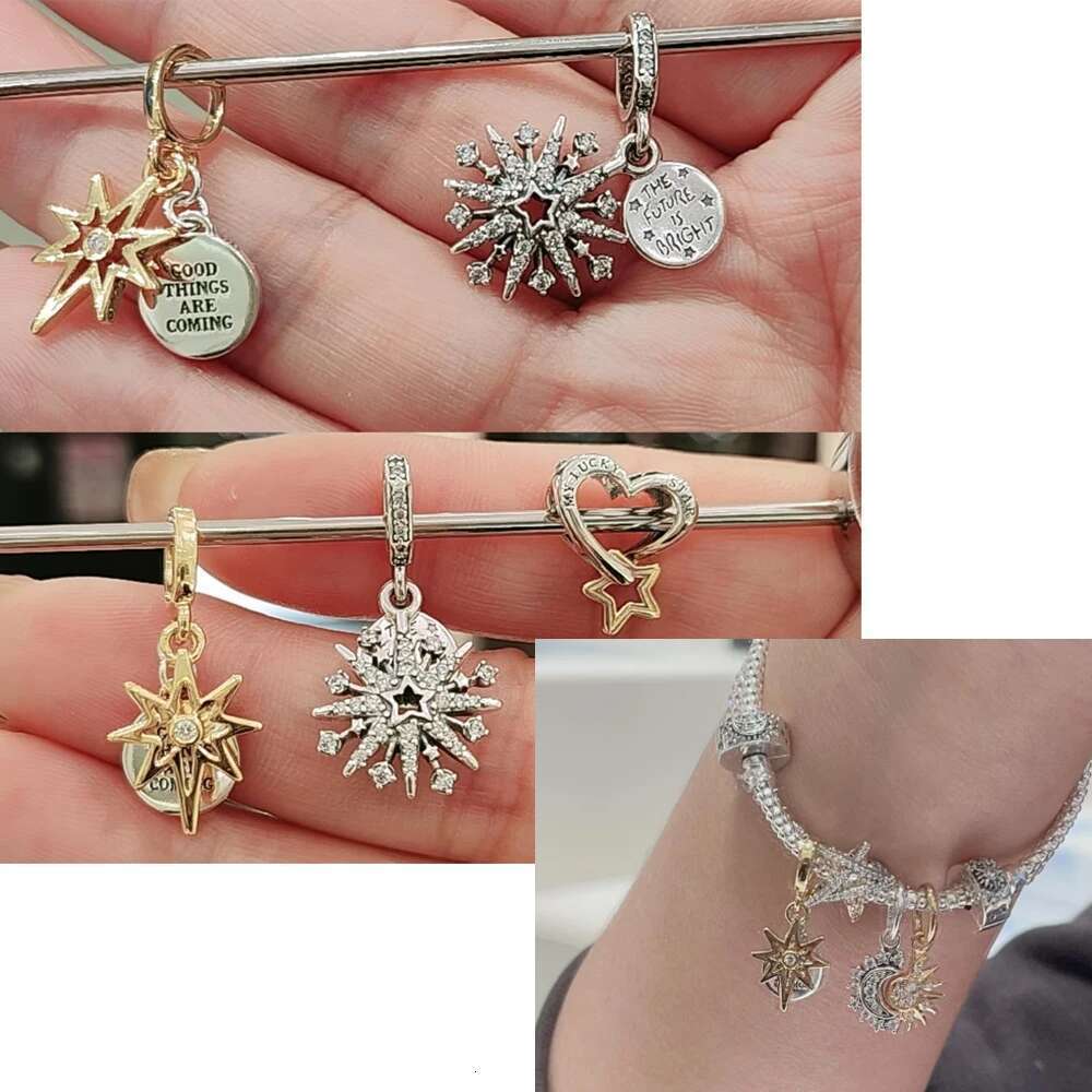 Classics 925 Sterling Silver Carousel Beads Sparkling Stars Sun Moon Combination Pendant Double Hearts Dangle Charm Fit DIY Bracelet Necklaces Jewelry