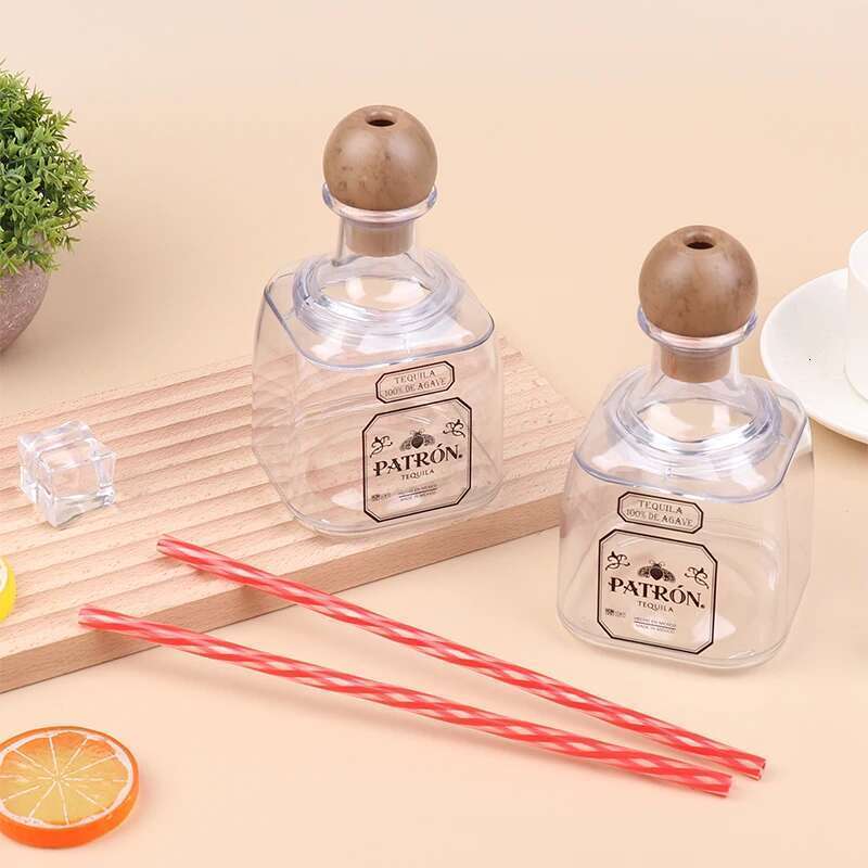 375Ml Acrylic Reusable Cups With Straw Hole Mini Patron Tequila Bottles Empty For Drinking