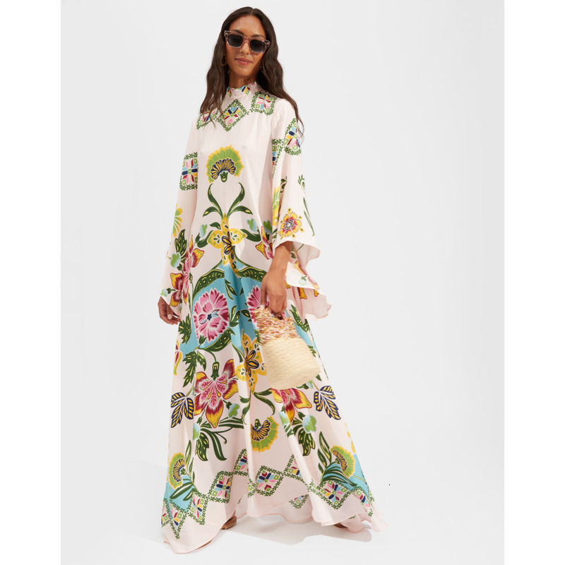 New Summer Dresses Printed Long Sleeves Stand Up Neck Dress Printed Lapel Waist Cinched Big Swing Dress For Women