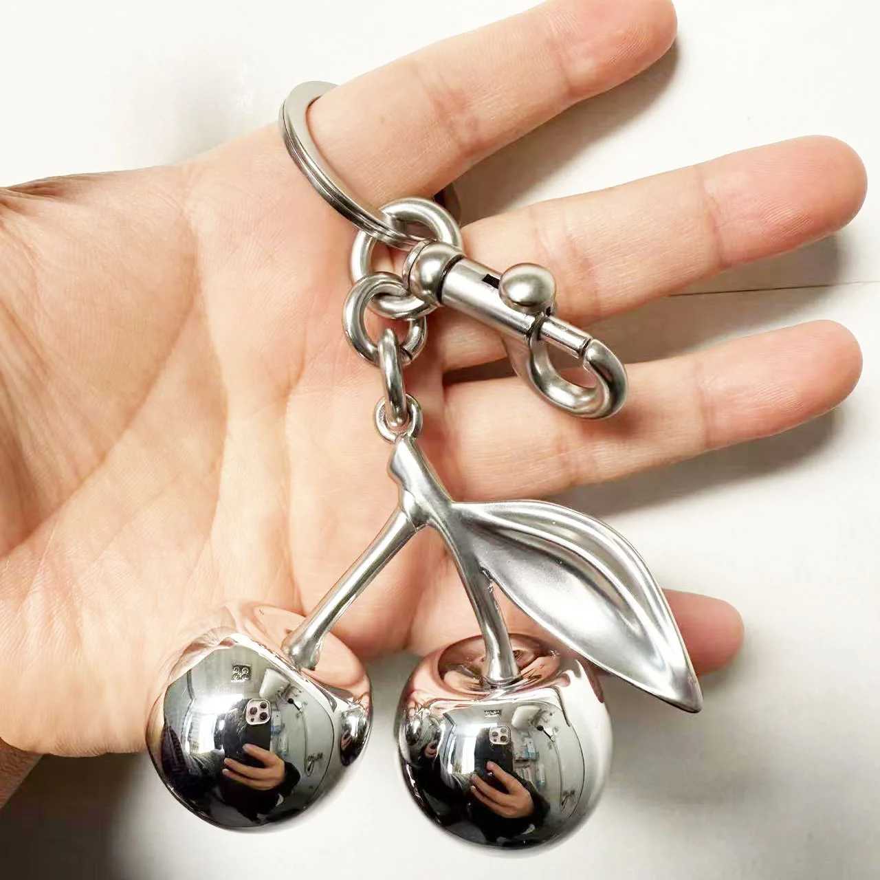 Keychains Lanyards Silver Plated Cherry Keychain Purse Charm Made of Metal Hardware and Glittering Mirror Resin Accessories H250115