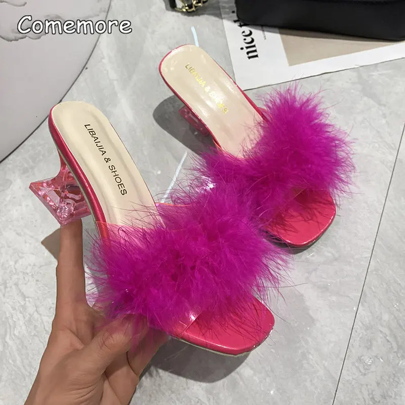 Comemore Women Slippers Summer Fashion Stiletto Sandals Open Toe High Heel Fur Heels for Woman Pink Shoes Sapatos Femininos 250113