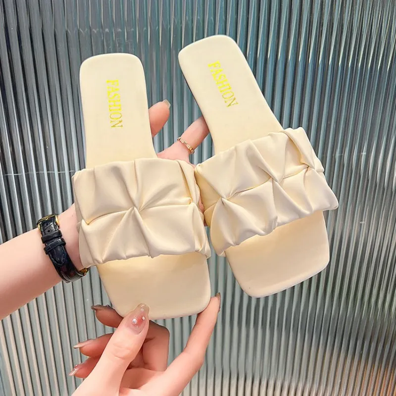 Summer Slippers for Flip ps Flats New Pleated Korean Slipper Women Sandals Green Slip on Shoes Big Size 35-43 Slides